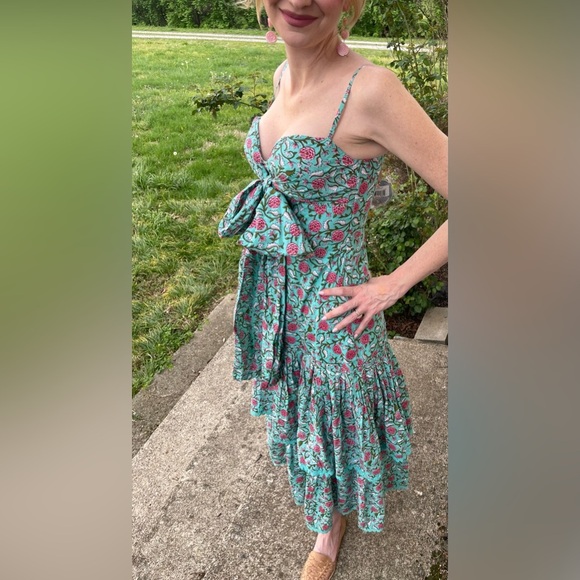 NWT 378 EDDY Helen Tiered Teal and Pink Floral Maxi Dress 100% Cotton Boho Luxe - Picture 5 of 10